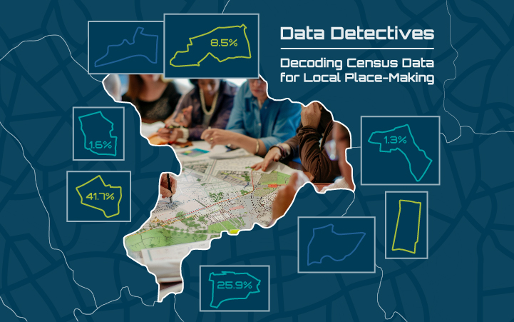 Image of a map with data points and a photo of people taking part in a workshop about maps overlaid in the middle.