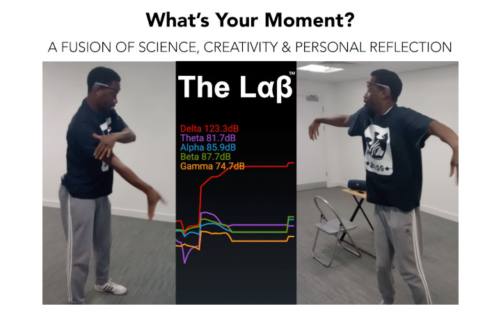 2 images of a dancer on either side of an image of a graph representing brain waves