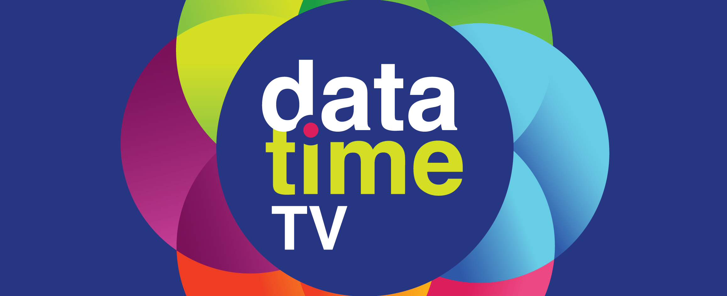 Dark blue rectangle with rainbow overlapping circles in the middle in the shape of a flower. In the middle of the flower there is a dark blue circle and the words 'data time TV' in the middle.