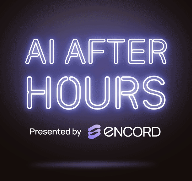 black background with neon purple words "AI After Hours, presented by Encord" in front