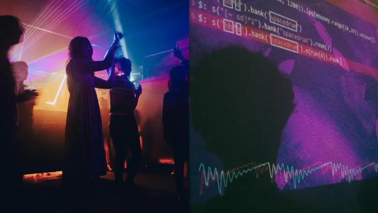 group of people dancing at a rave on the left and on the right software code overlaying the image